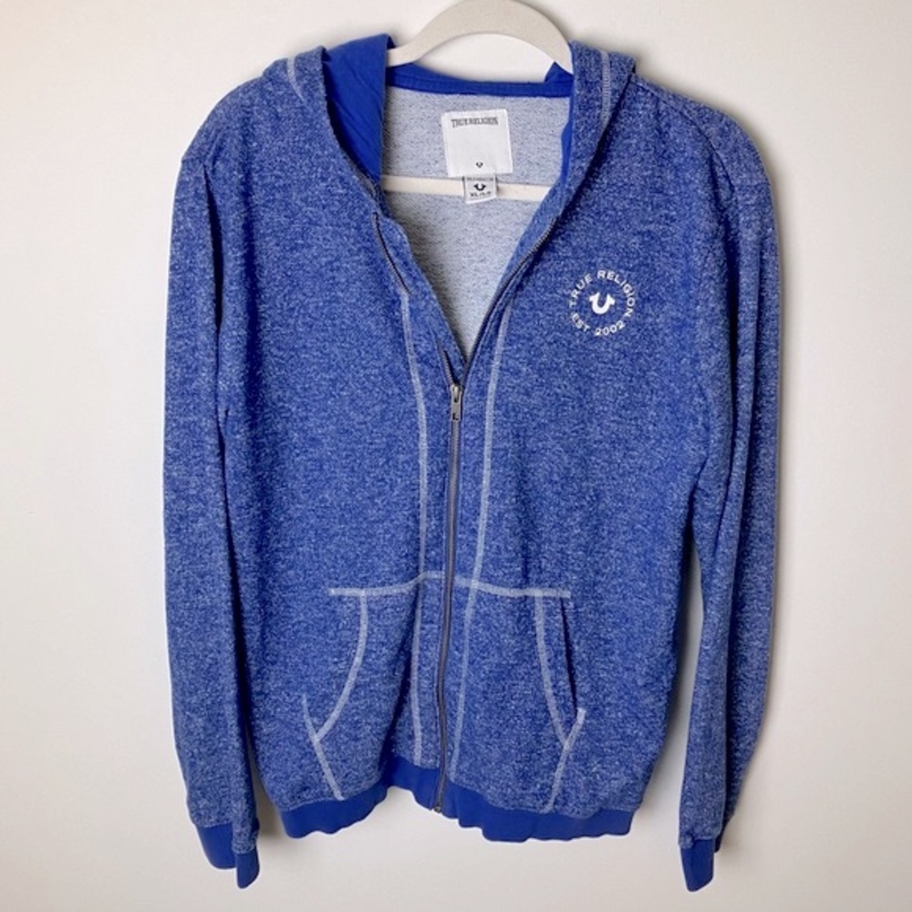 True Religion Blue Heathered Zip Up Hoodie